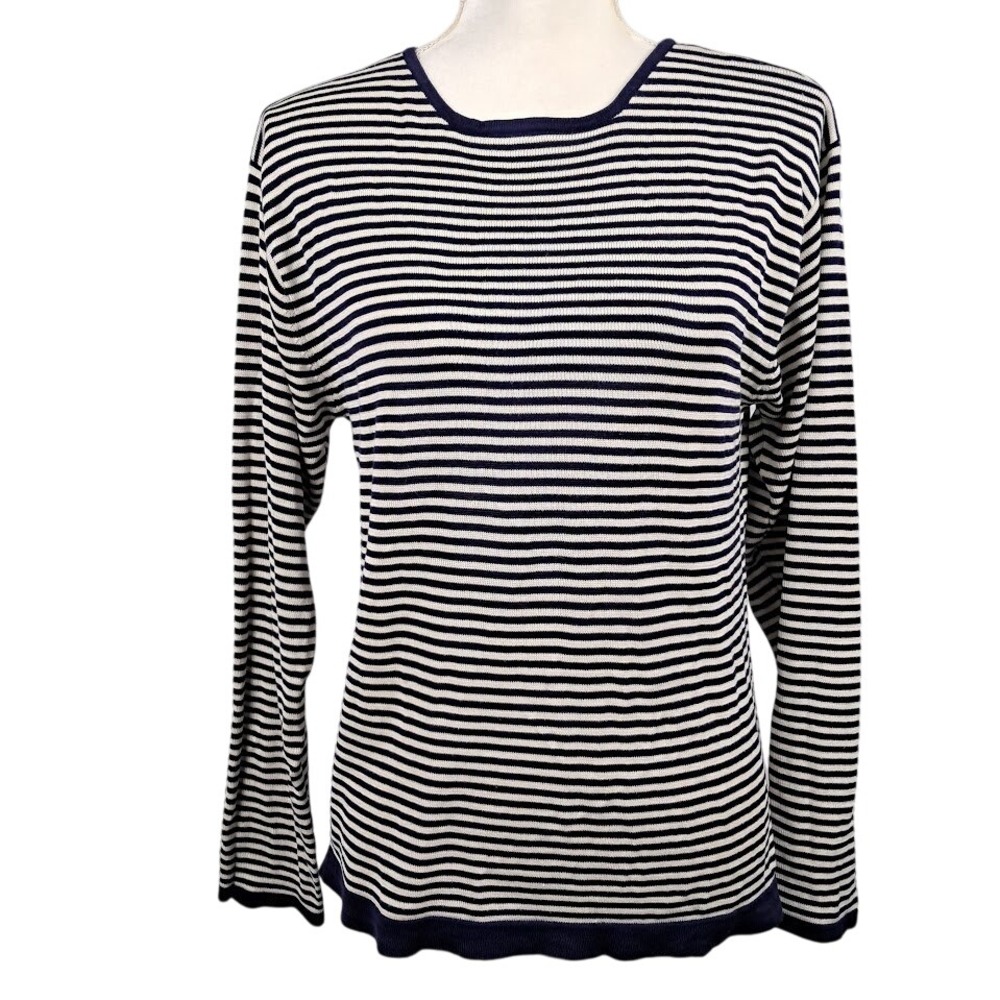 Vtg OUT OF THE BLUE‎ L Silk Knit Top Navy and White Striped Long Sleeve Nautical